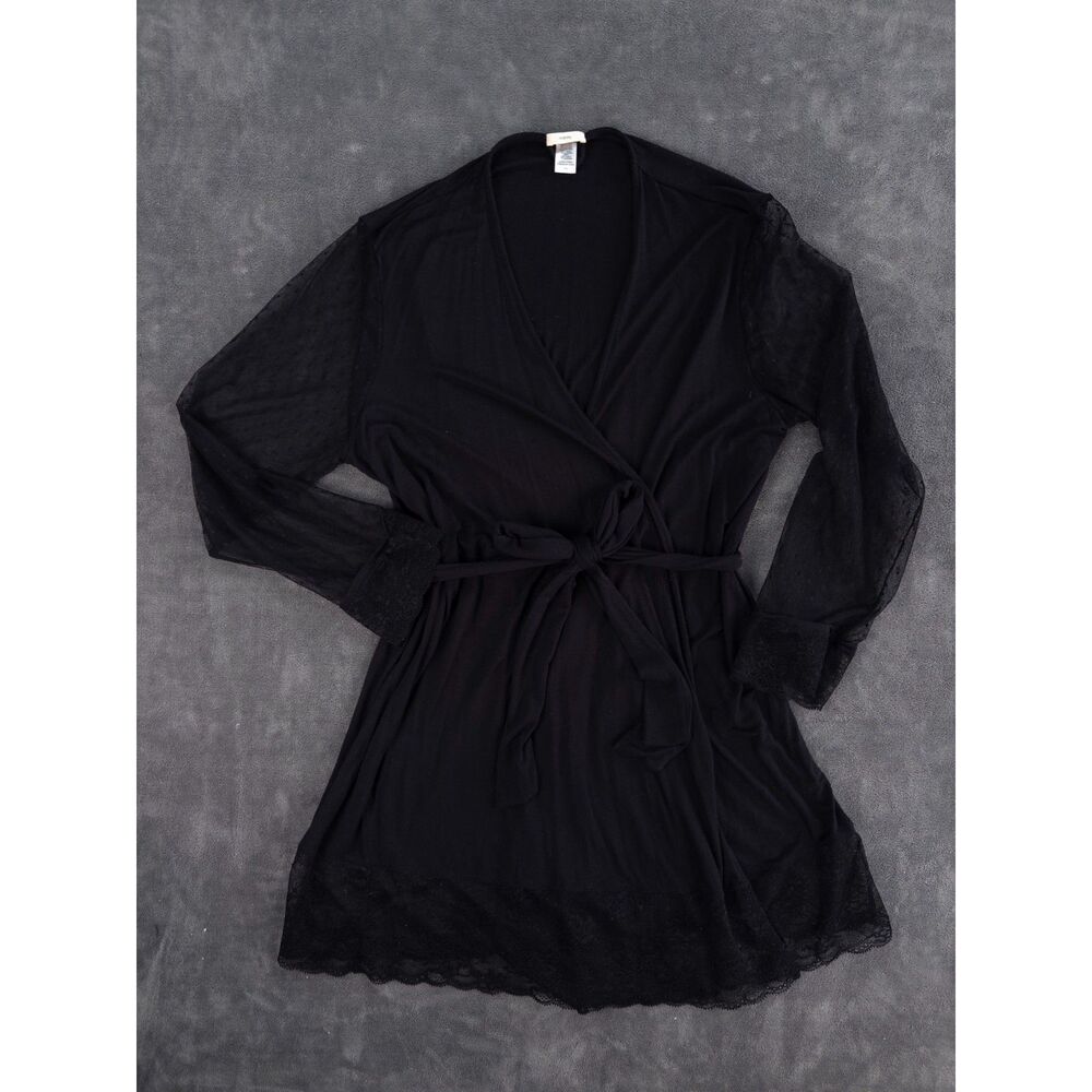 Eberjey Robe Womens Large Black Lace Trim Kimono Short Modal Tie Front Lounge
